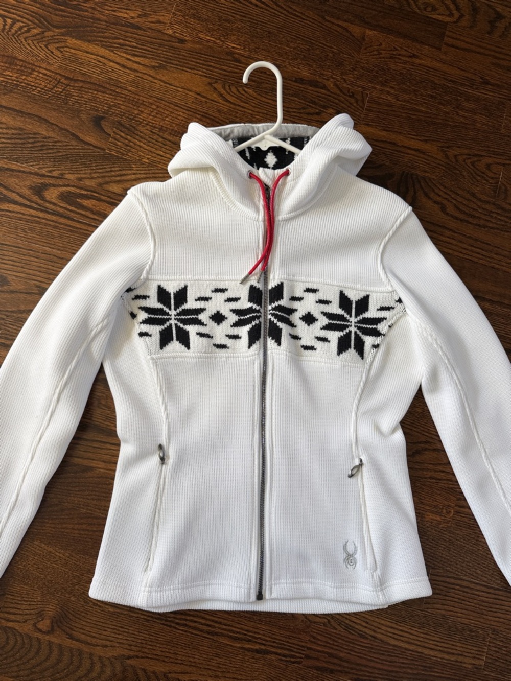 Spyder White Hooded Zip Jacket with Black Nordic Panel and Red Drawcord